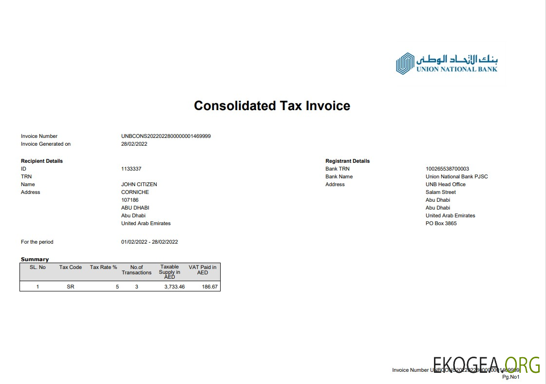Relevé de la banque nationale de l'Union d'Abu Dhabi des Émirats arabes unis 2 pages